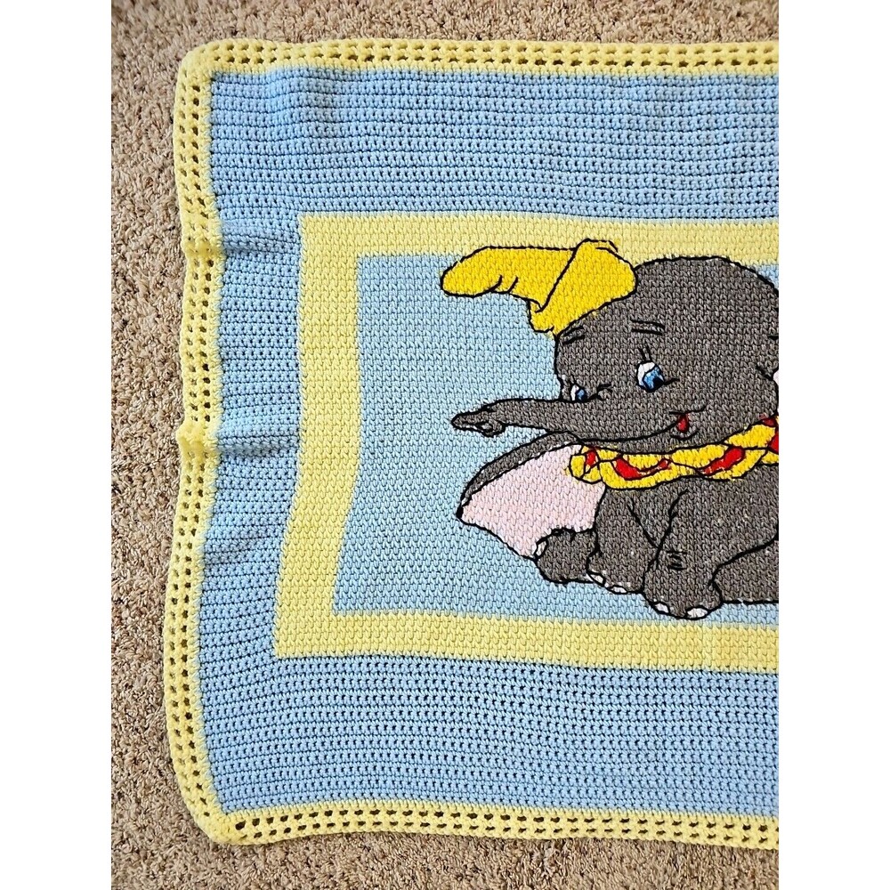 Dumbo Baby Blanket Handknit Crochet Blue Yellow Soft Knit Elephant Nursery Decor - Picture 3 of 13